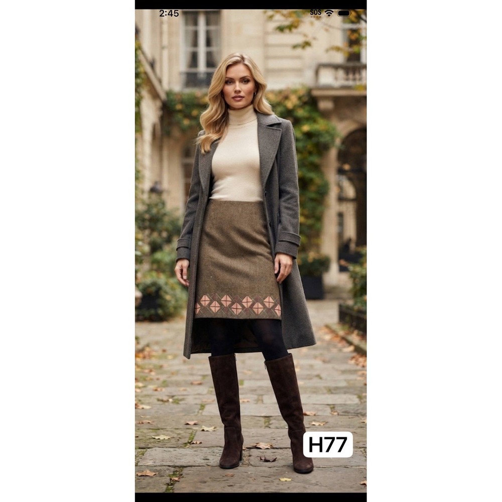 LOFT Wool Blend Embroidered Pencil Skirt Brown 4P Y2K Dark Academia Tweed‎ Mini